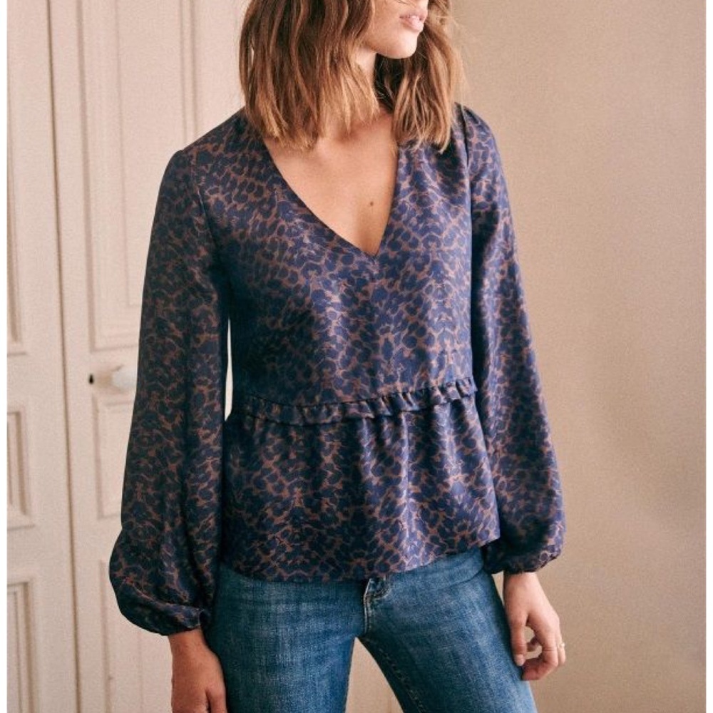 Sezane Bianca Blouse Jacquard Blue size 34 / US 2